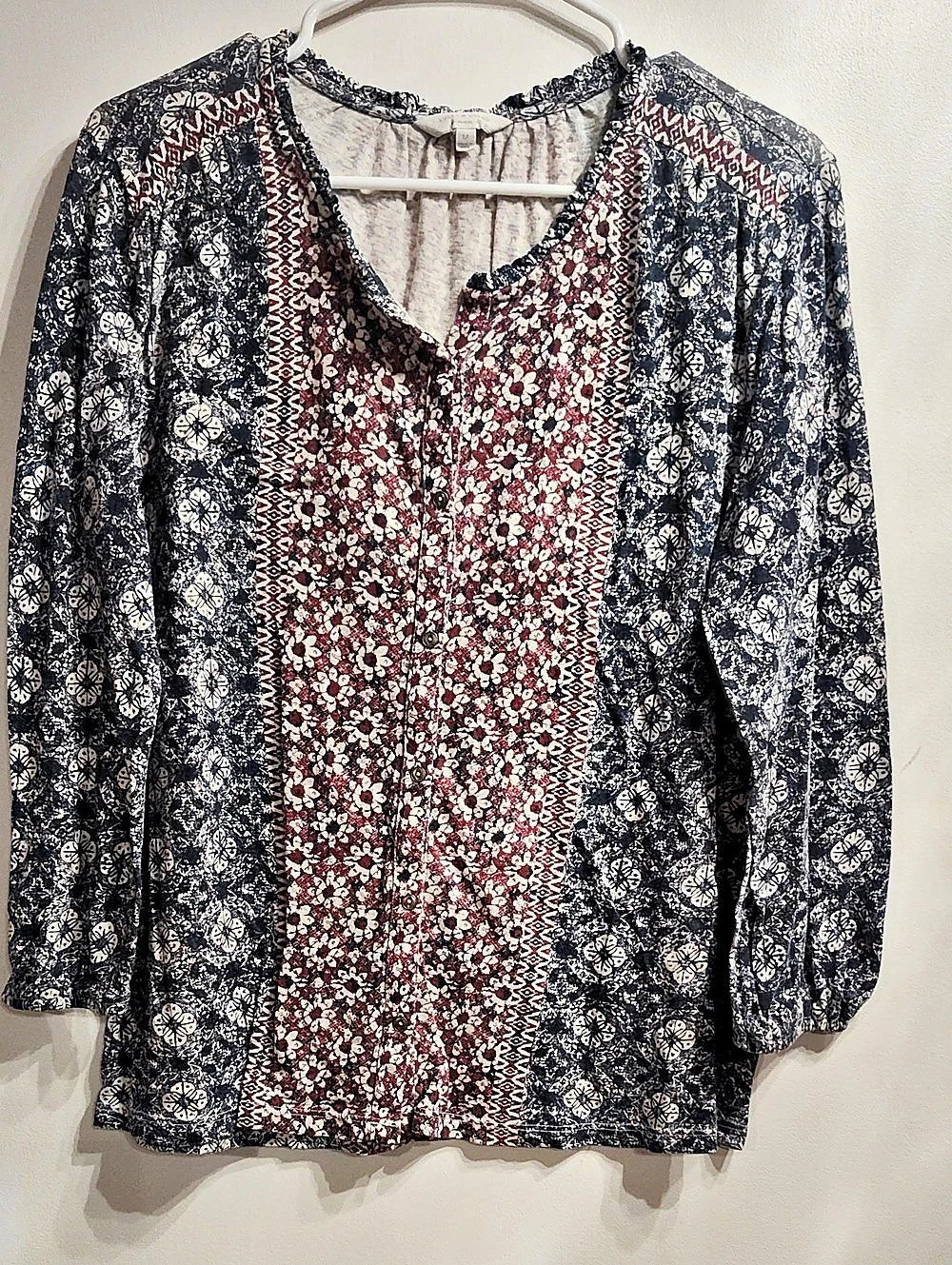 Lucky Brand Print Mix Peasant Blouse Blue & Red Medium